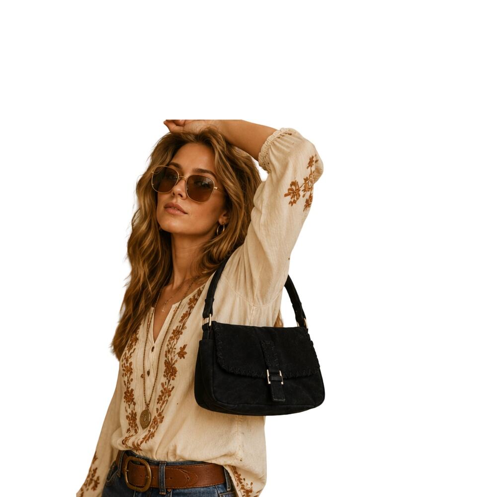 Liz Claiborne Purse Black Faux Suede Boho Shoulder Bag Whipstitch Flap Y2K Hobo